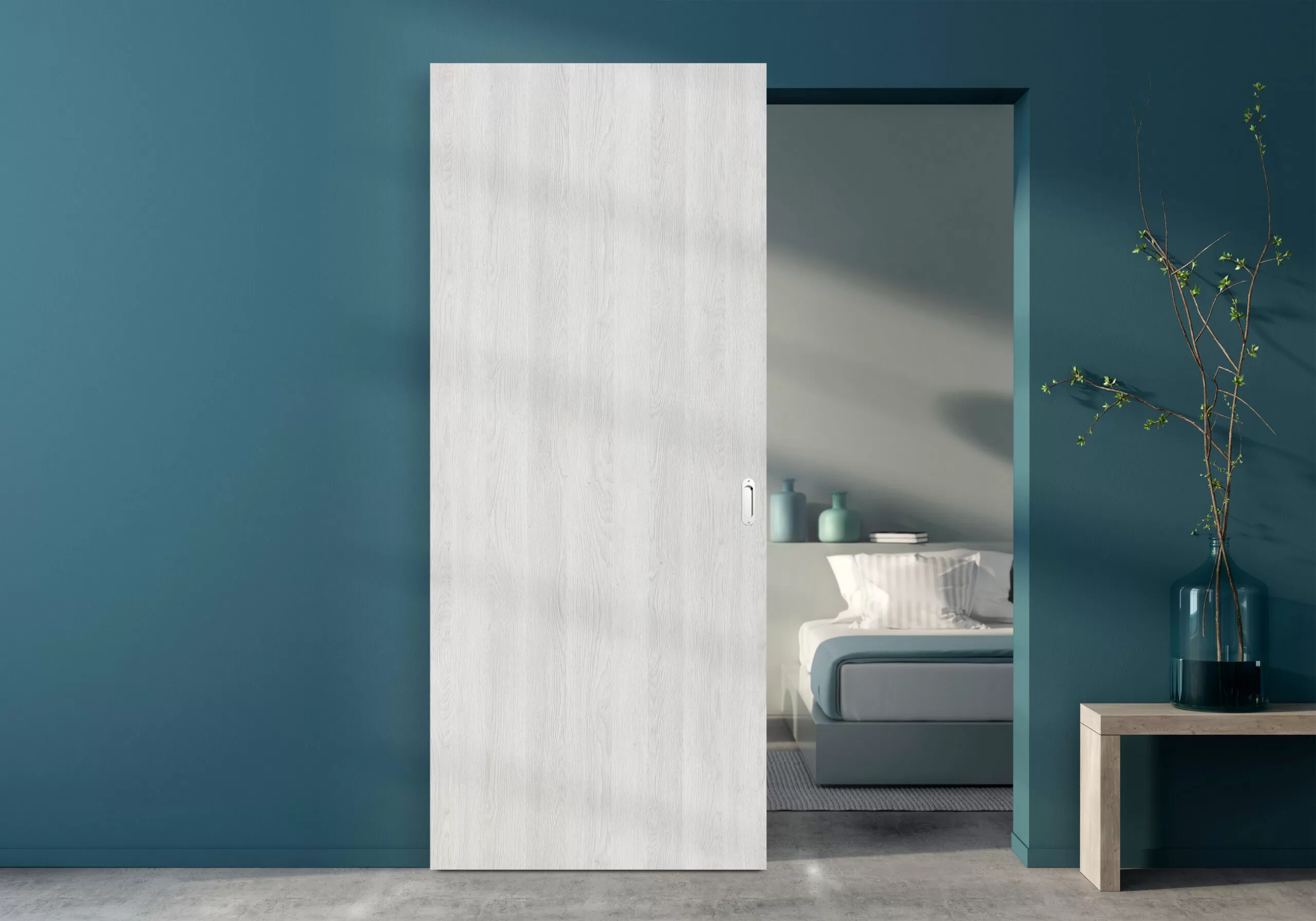 Drzwi przesuwne system Magic Erkado Białe drzwi przesuwne z ukrytym systemem magic